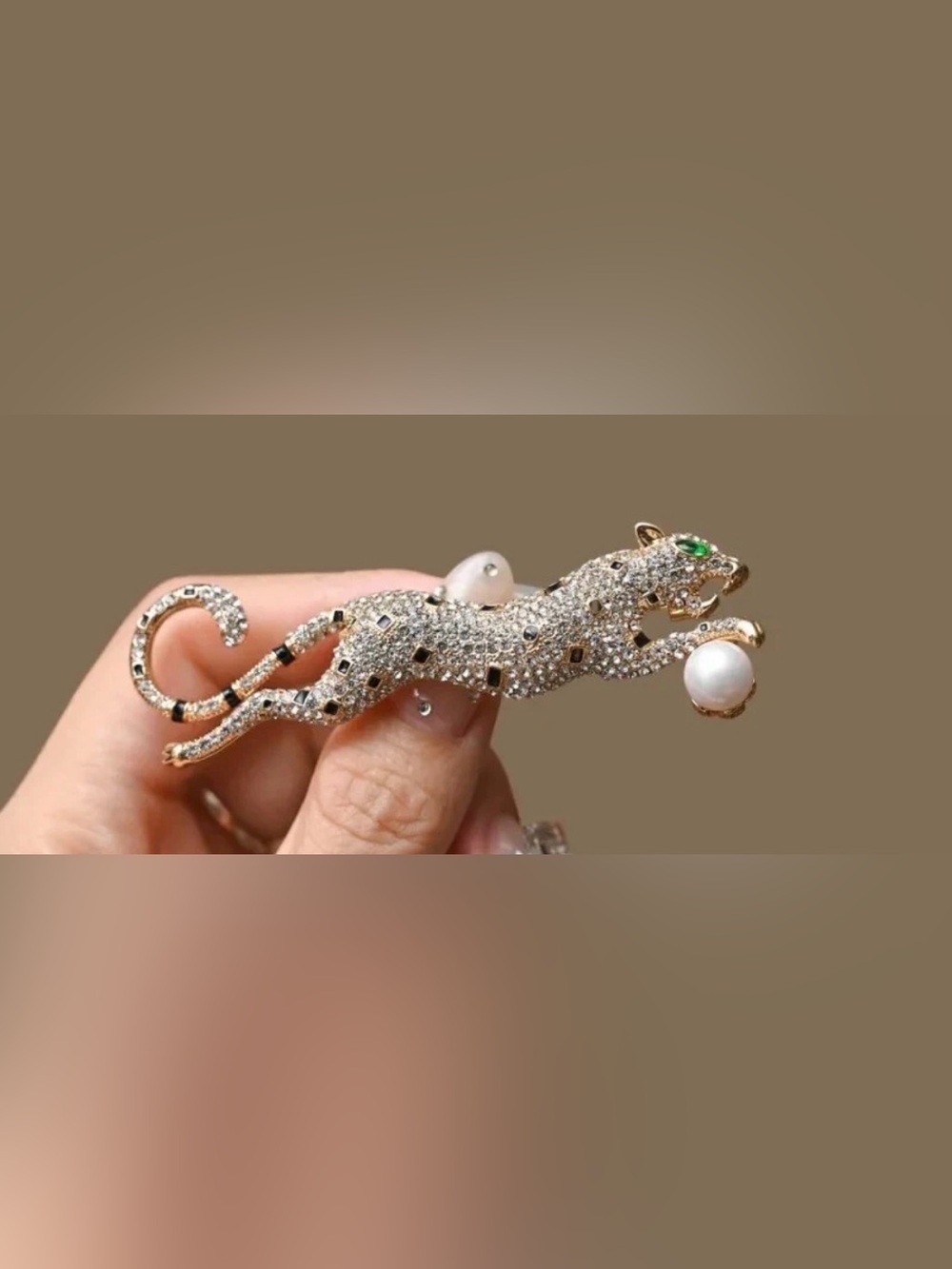 Fashion Jewelry Gold /Crystal Leopard Brooch with Green Eye and Pearl